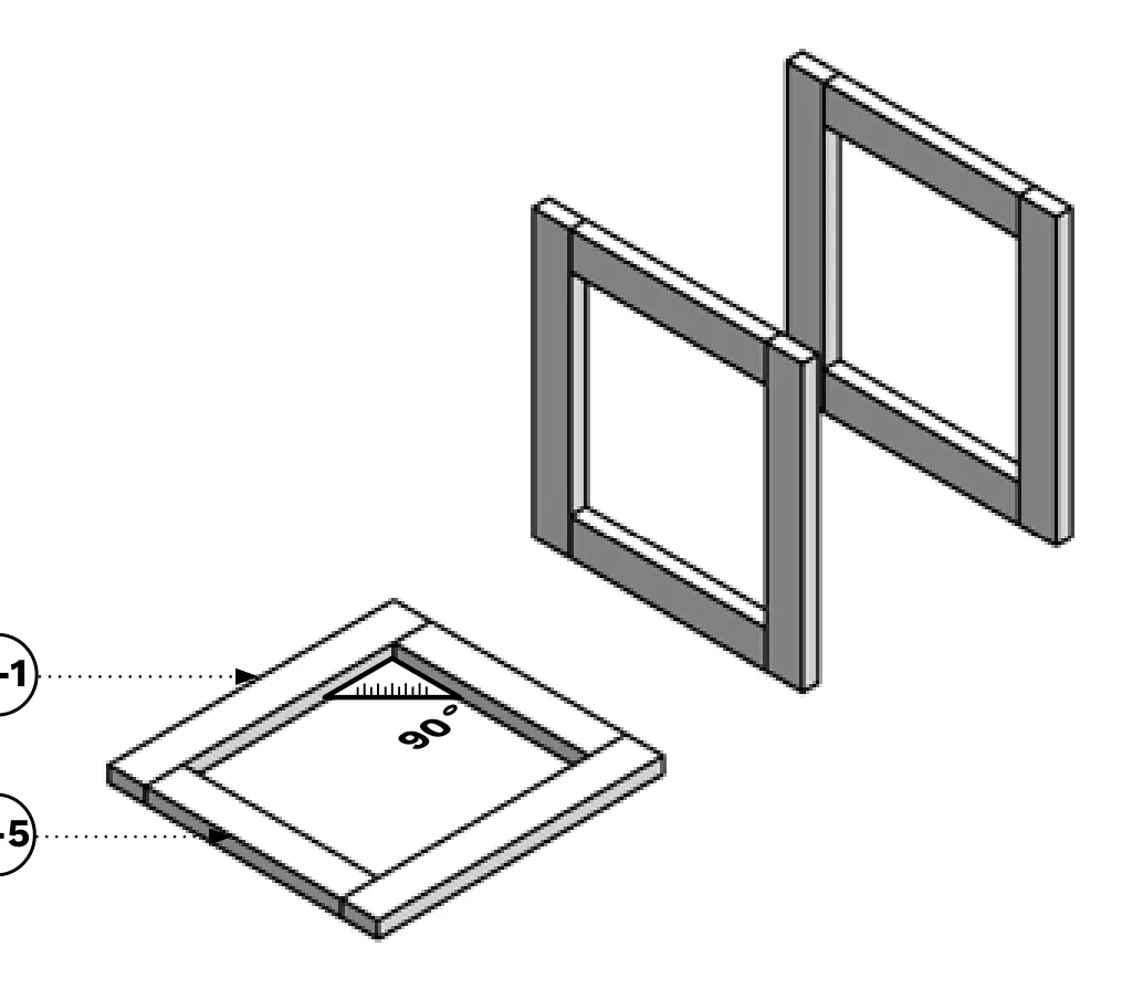 Diagram showing two T-1 and two T-5 boards assembled into a square end frame.