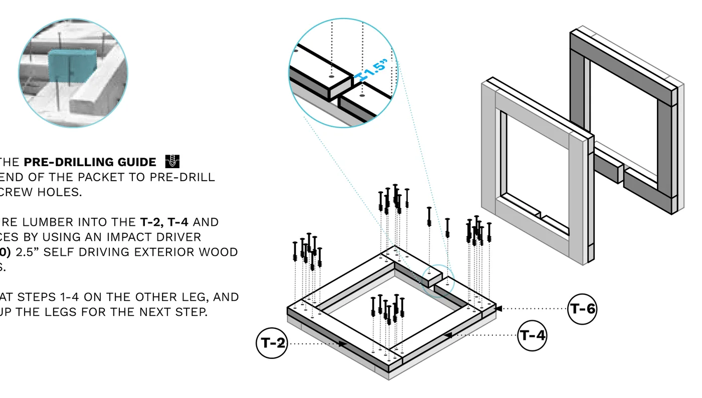 Diagram of T-2, T-4 and T-6 boards being screwed onto the top of the end frame, with a 1.5" spacer gap called out.
