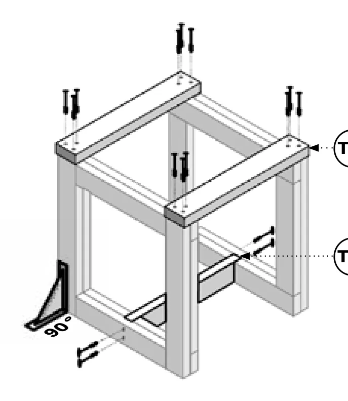 Diagram of a T-3 board connecting the two end frames at the base, with T-2 top boards aligned flush with the legs.