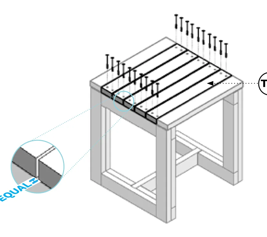 Diagram of the remaining T-2 top boards being spaced equally and screwed down across the table frame.