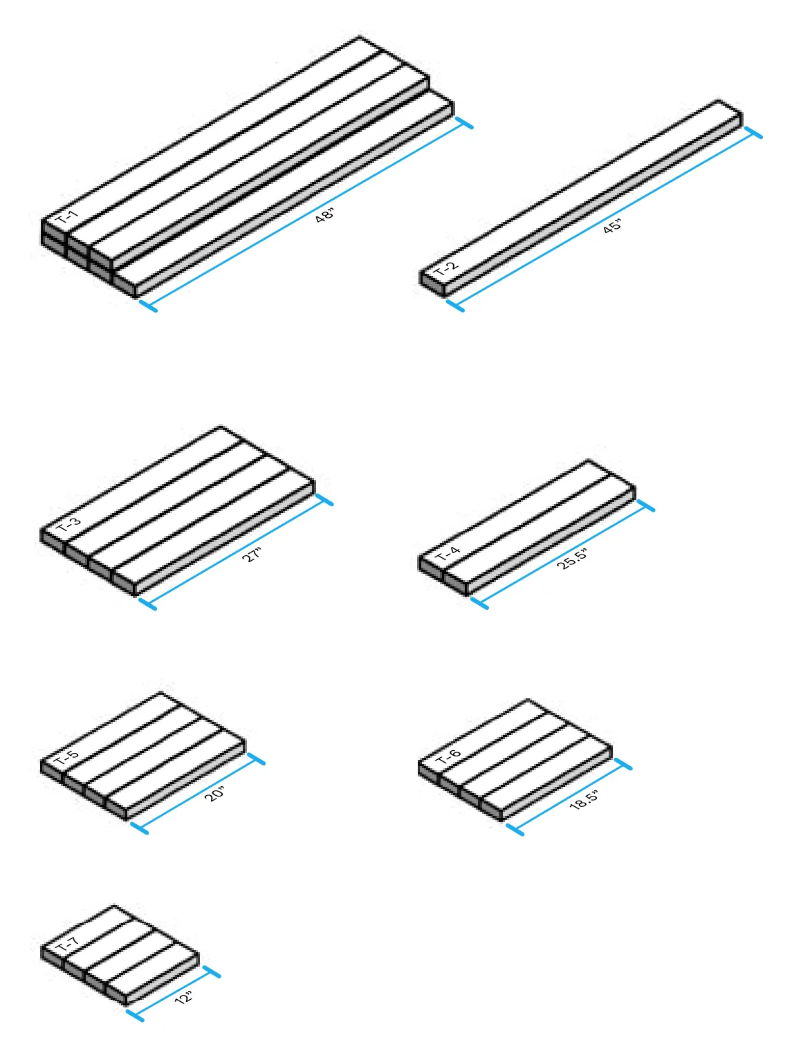 Isometric diagram of the 4' table's seven cut pieces T-1 through T-7 with their lengths labeled, from 48" top boards down to 12" blocks.
