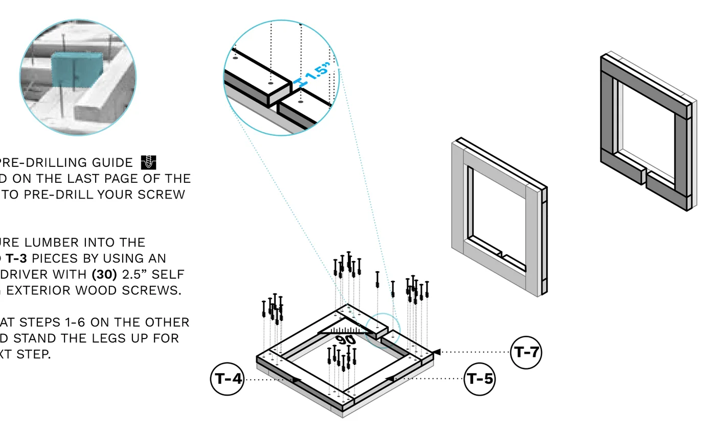 Diagram of T-4, T-5 and T-7 boards being screwed onto the top of the end frame, with a 1.5" spacer gap called out.