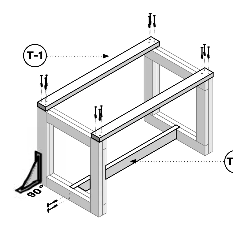 Diagram of a T-2 board connecting the two end frames at the base, with T-1 top boards aligned flush with the legs.