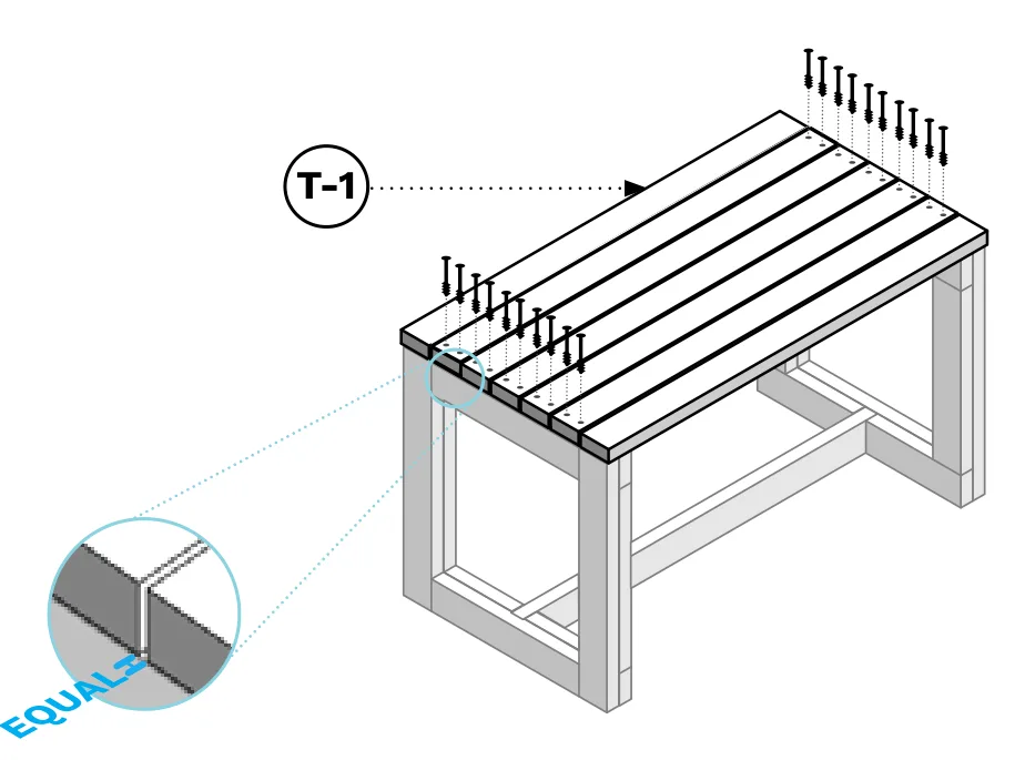 Diagram of the remaining T-1 top boards being spaced equally and screwed down across the table frame.