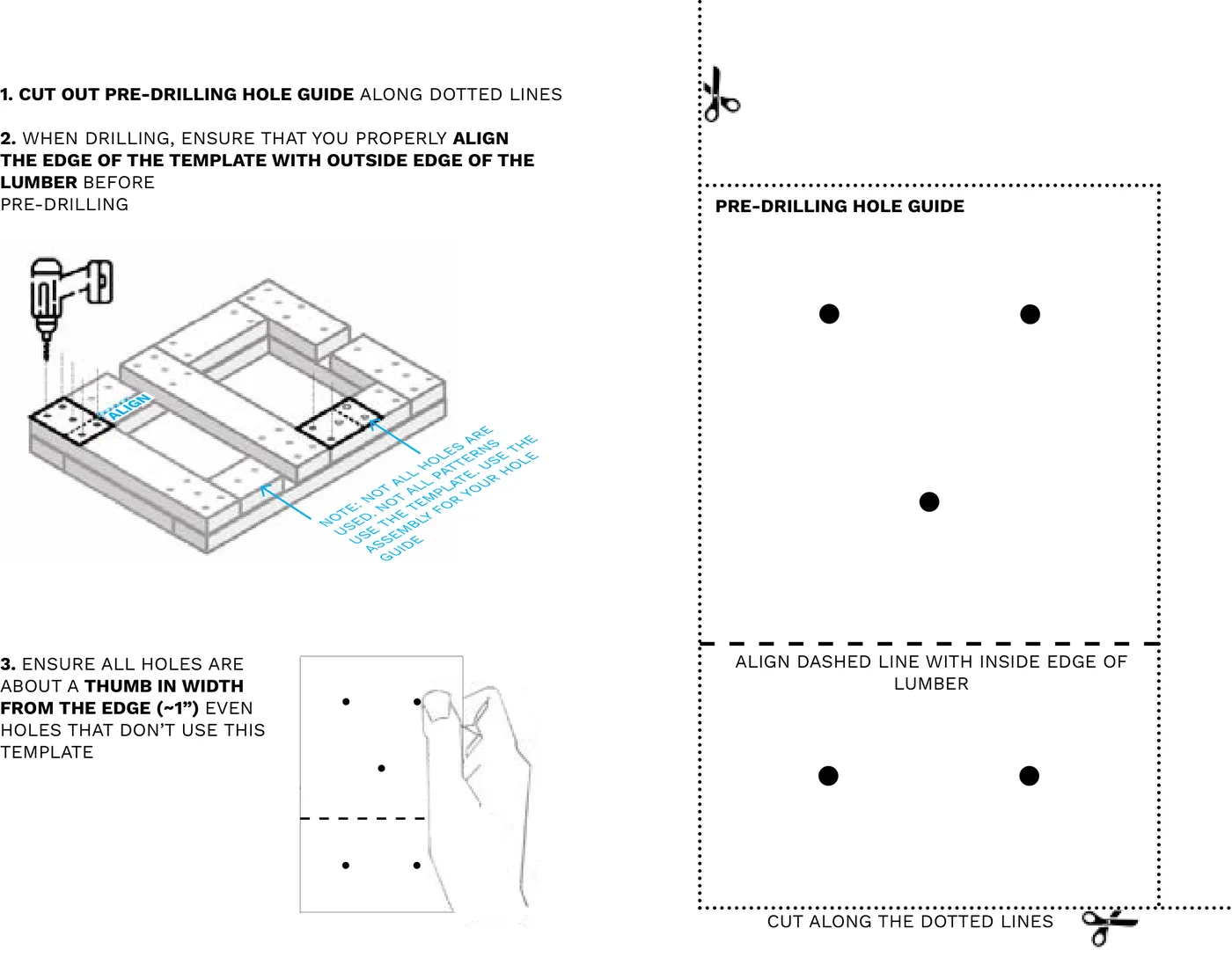 A printable pre-drilling hole guide template with five marked hole positions and cut lines, plus a close-up showing hole spacing from the board edge.