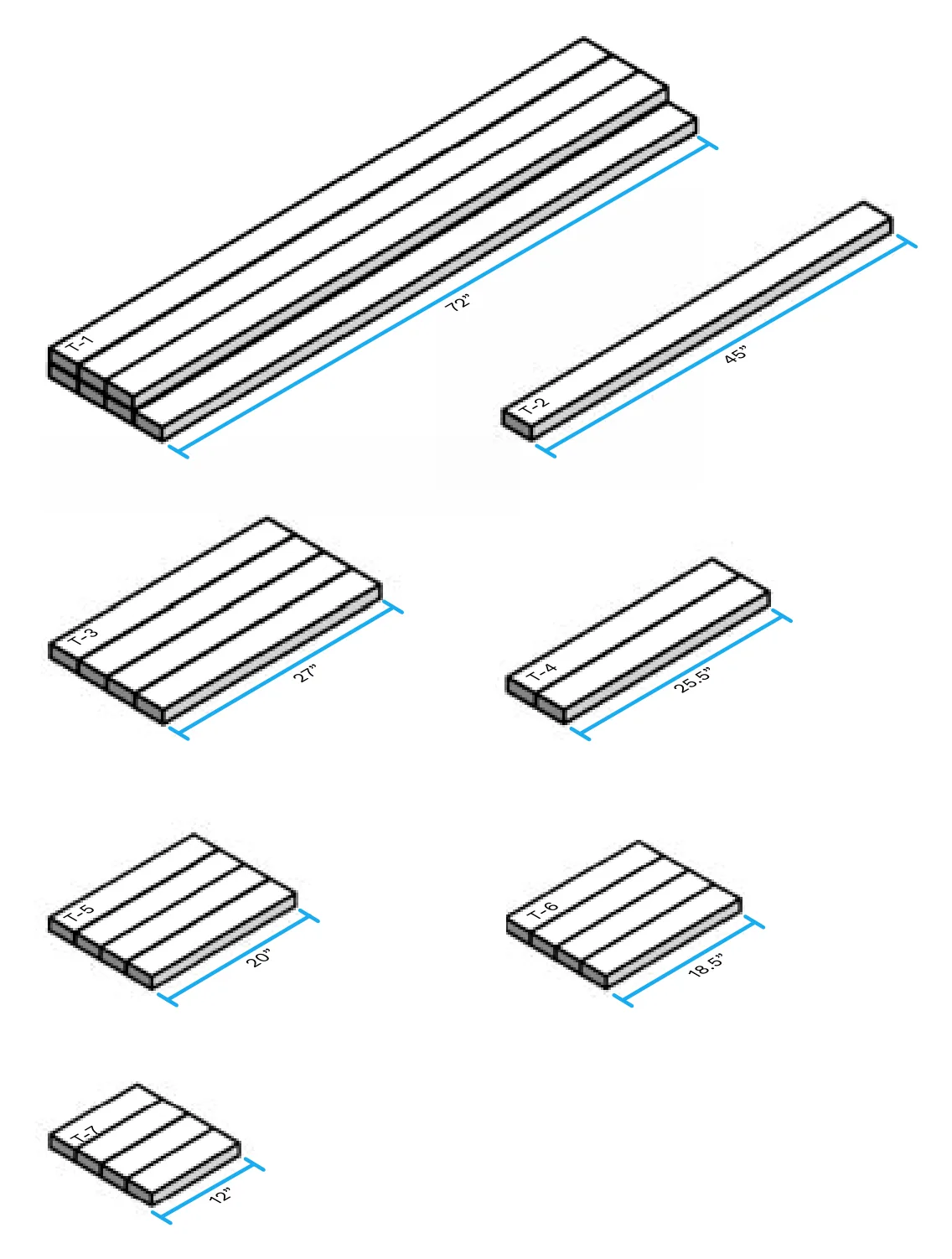 Isometric diagram of the 6' table's seven cut pieces T-1 through T-7 with their lengths labeled, from a 72" top board down to 12" blocks.
