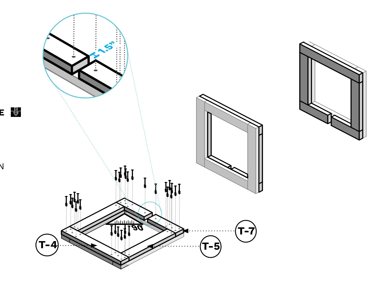 Diagram of T-4, T-5 and T-7 boards being screwed onto the top of the end frame, with a 1.5" spacer gap called out.