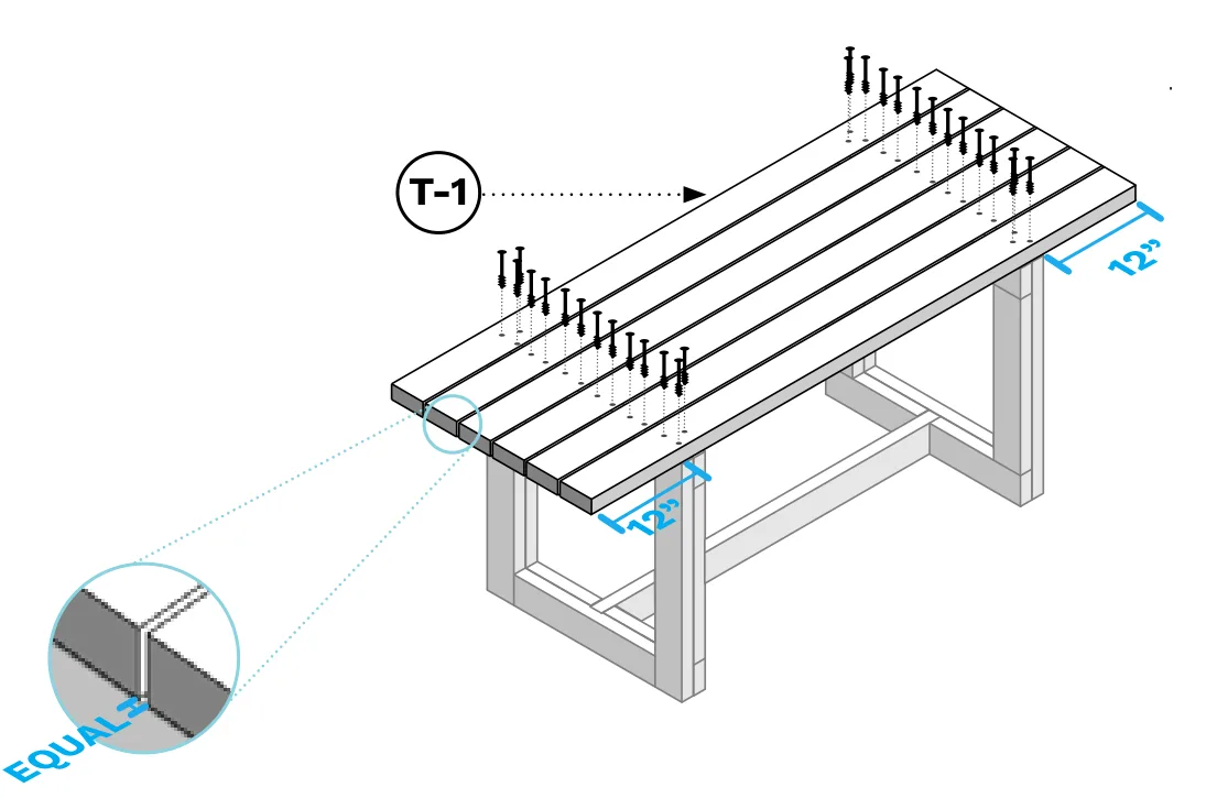 Diagram of the remaining T-1 top boards overhanging the table frame by 12" at each end, spaced equally and screwed down.