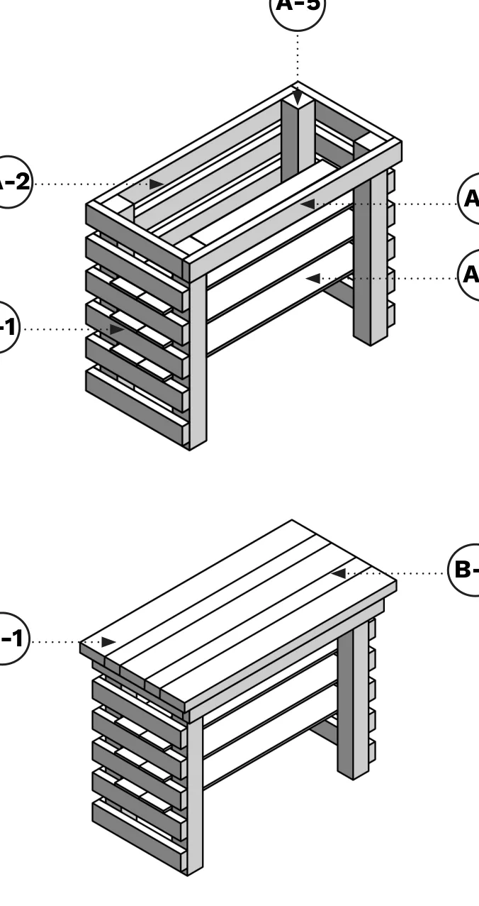 Isometric diagram of the workbench's seven cut pieces A-1 through A-5 and B-1, B-2, with their lengths labeled.