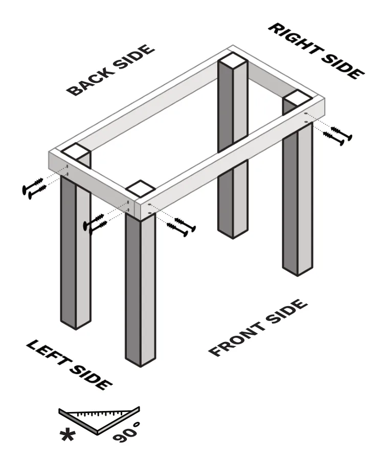 Diagram of four A-5 legs being screwed into the corners of the frame from the front, back and both sides.