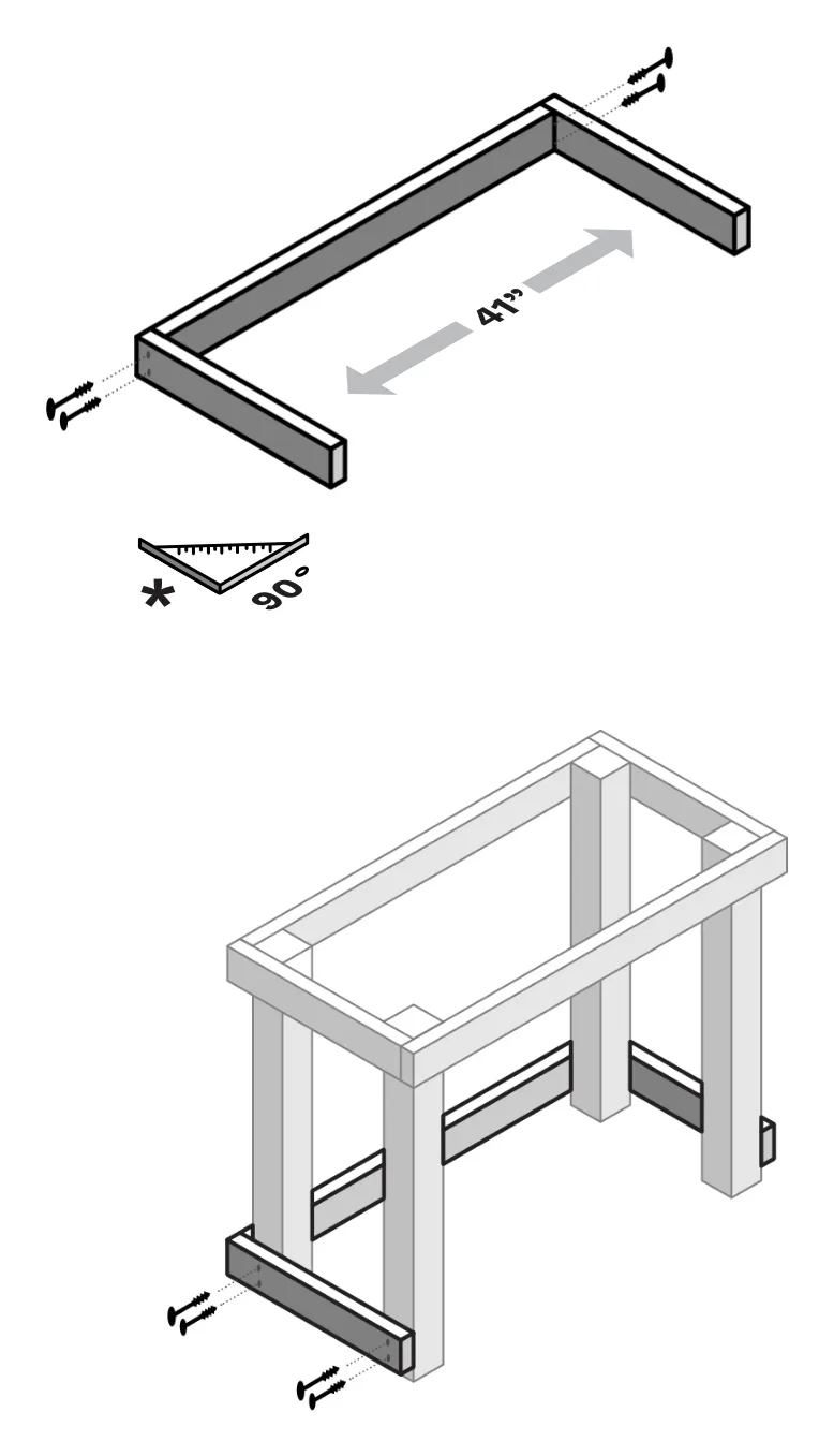 Diagram of a second frame piece, without a front brace, being screwed onto the legs near the ground.