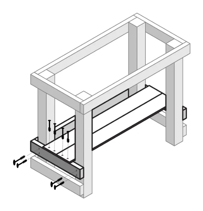 Diagram of another frame piece mounted 2" above the previous one, with two A-4 shelf boards screwed on top of it.