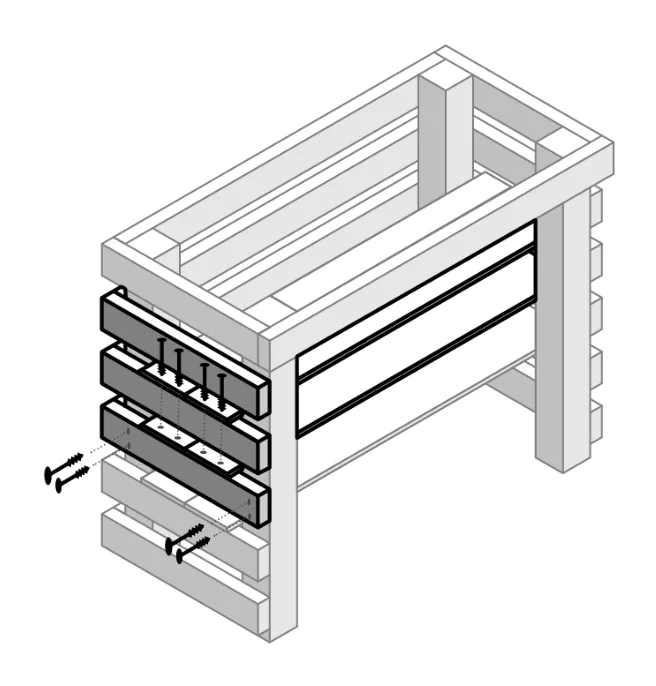 Diagram showing two more shelf levels being added above the first, each built the same way, with a final unshelved frame piece on top.
