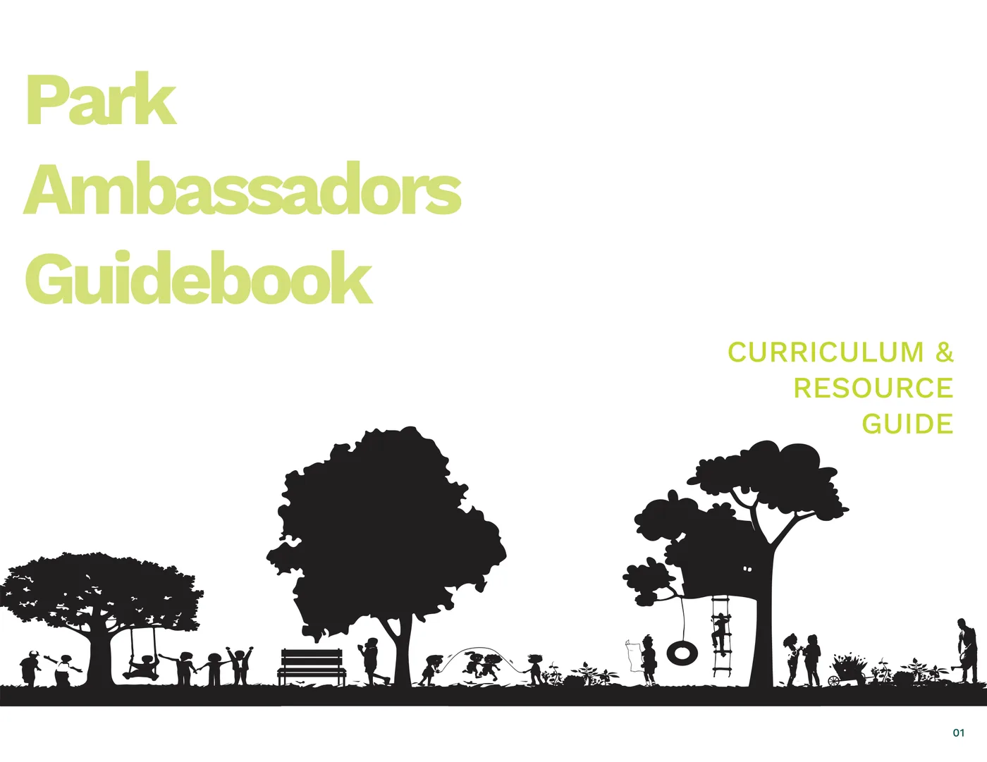 Cover of the Park Ambassadors Guidebook: Curriculum & Resource Guide, illustrated with a silhouetted treeline of children playing in a park